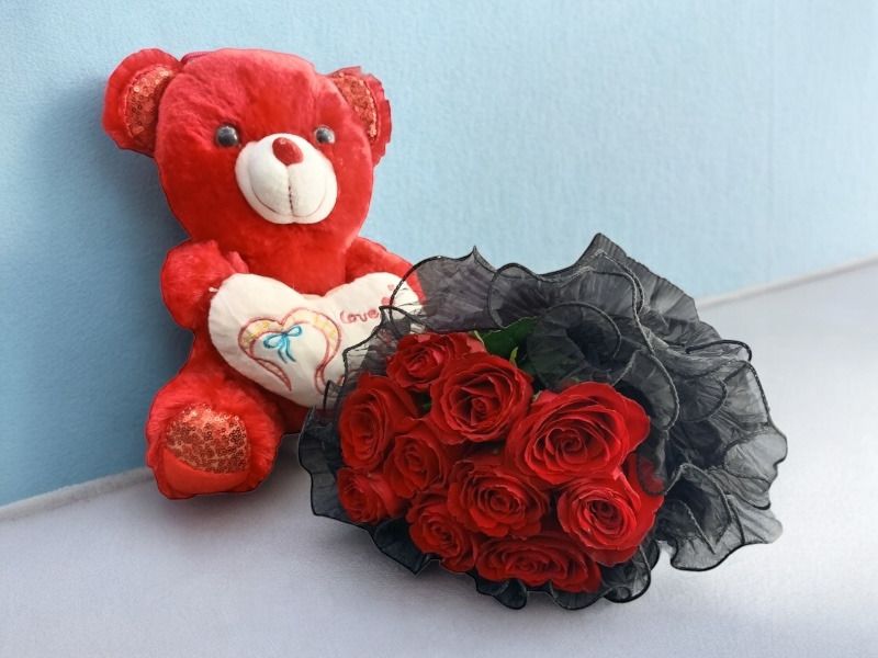Teddy Bear And Roses Bouquet